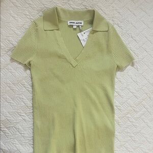 DKNY Short-Sleeve Ribbed V-Neck in Light Green